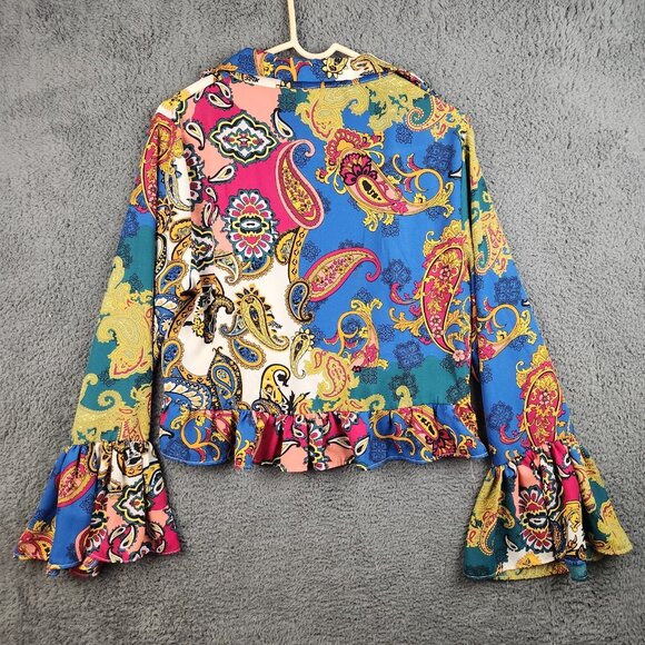 Womens Bell Sleeve Open Tie Front Kimono Medium Paisley Boho Whimsy Fairy Ruffle - Picture 2 of 11